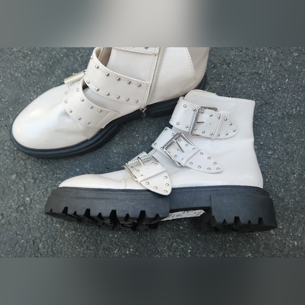 Steven New York Alaine Studded Lug Sole Boot w/Buckles in Ivory